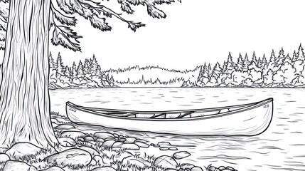 Canoe at lake shore, forest background, peaceful scene, coloring book page
