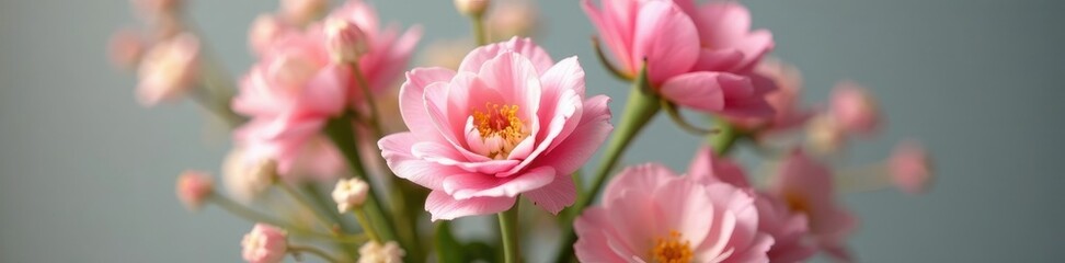 Fototapeta premium Delicate flores de jacinto rosa claro in a vase, fresh cut flowers, bouquet, floral decorations