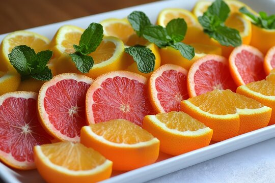Fresh citrus slices with mint garnish on white tray