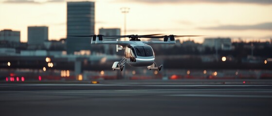 Sleek, futuristic flying vehicle hovering over an airport runway at dusk, highlighting advanced transportation technology.