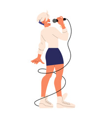 Sing woman. Happy girl singing, hold microphone. Hobby and leisure time. Vocalist performing song. Karaoke musicians. Entertainment show. People with mic. Vector cartoon flat isolated illustration