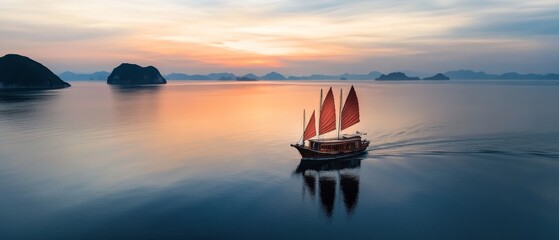 A traditional boat with red sails glides through calm waters at sunset, surrounded by distant islands under a serene sky.