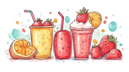 Colorful strawberry, orange smoothies; summer drinks; menu design