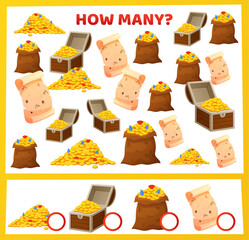 Pirate wealth. Money counting. Workbook test. Kids preschool worksheet. How many gold coins. Corsair chest. Treasure map. Precious gems. Sorting quiz. Children game. Vector educational puzzle design
