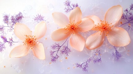 Peach blossoms and purple sprigs frozen in ice