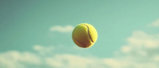 An airborne tennis ball pauses in time against a bright blue sky, capturing kinetic potential and the essence of playfulness.