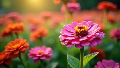 Obraz premium Delicate petals of zinnia flowers shine like jewels, floral, pretty, flower field