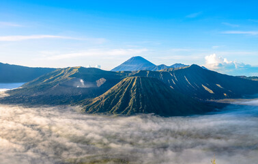 Fototapeta premium January winter, Bromo Volcano sunrise morning scenery, at Surabaya, East Java, Indonesia