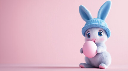 Fototapeta premium A small bunny holds an Easter egg on a flat background, ready for personalization.