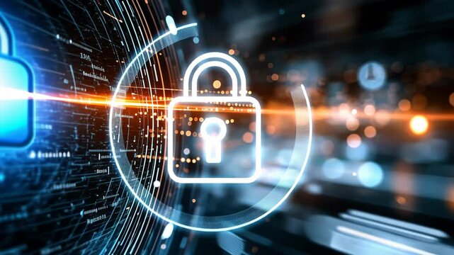 lock icon with electronic light trail background, Cybersecurity and data management concept