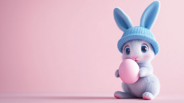 A small bunny holds an Easter egg on a flat background, ready for personalization.