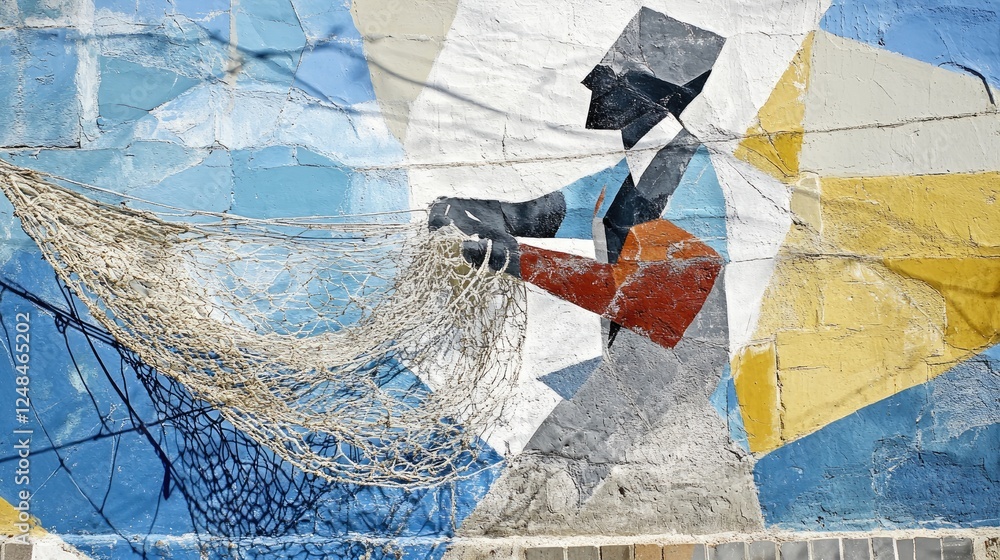 Poster abstract mural depicting fisherman with net