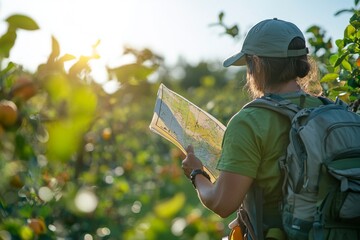 Man exploring nature with a map in a sunlit forest