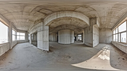 Fototapeta premium Full 360 degree equirectangular panorama hdri of concrete industrial grunge building interior 3d render illustration
