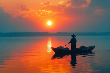 Fototapeta premium Serene sunrise over a lake with a person kayaking