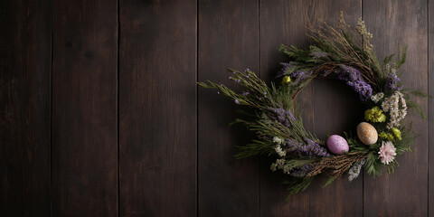 A wreath with flowers and eggs on a wooden background