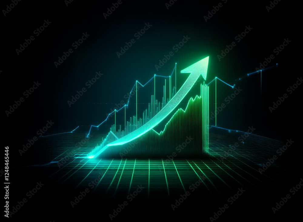 Poster double exposure image showing a vibrant green arrow pointing upwards, overlaid on a dark background 