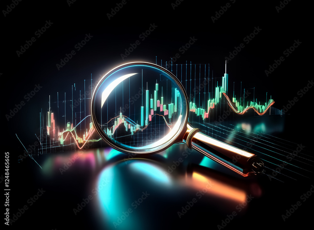 Poster a magnifying glass intensely examines a financial graph, creating a double exposure effect with laye