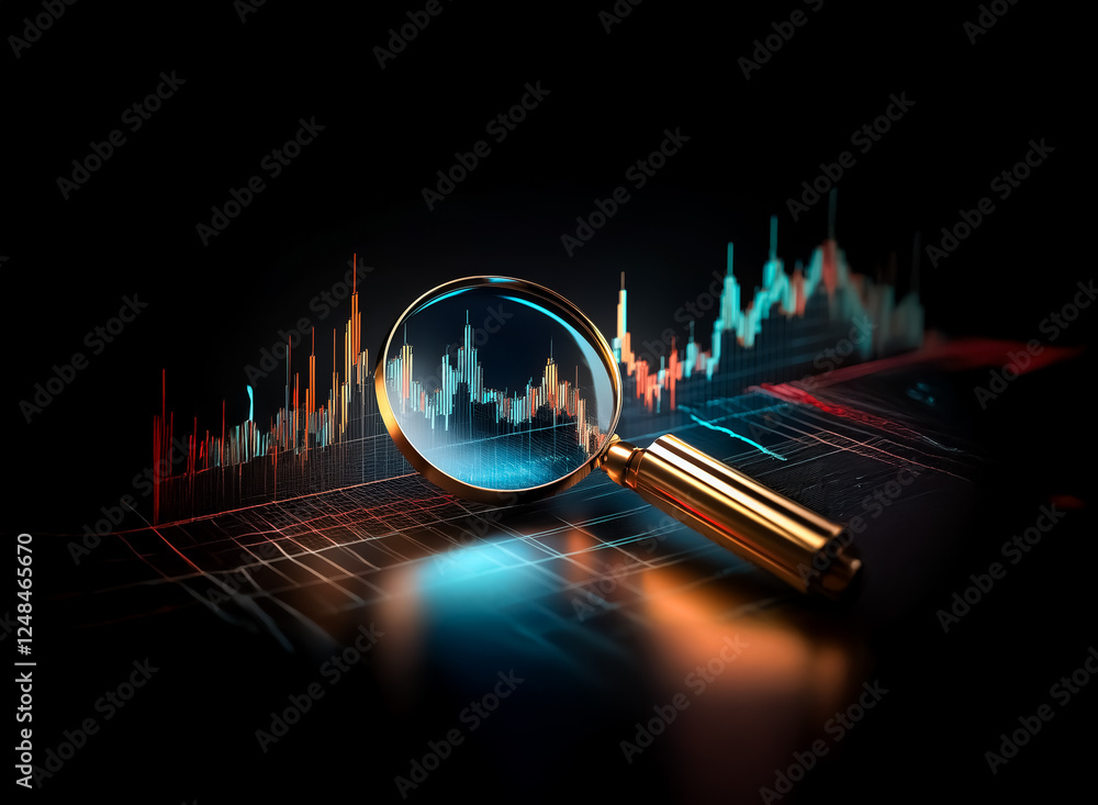 Poster magnifying glass over a double exposure graph visualizes data analysis. investigation and examinatio