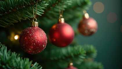Fototapeta premium Glittering ornaments hang from a lush green branch, sparkle, christmas, festive