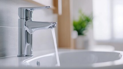 Modern Chrome Faucet in Bright Bathroom with Flowing Water and Soft Natural Lighting