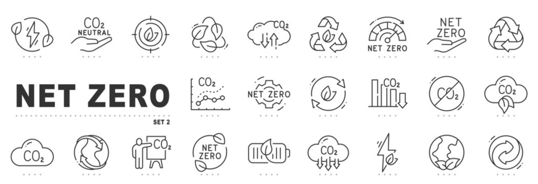Set of net zero related line icons. Eco, emission, co2 etc. Editable stroke. Set 2