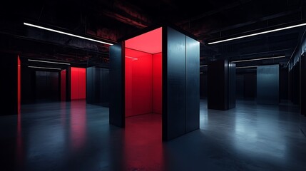 Red-lit industrial space, dark background, futuristic design, server room concept