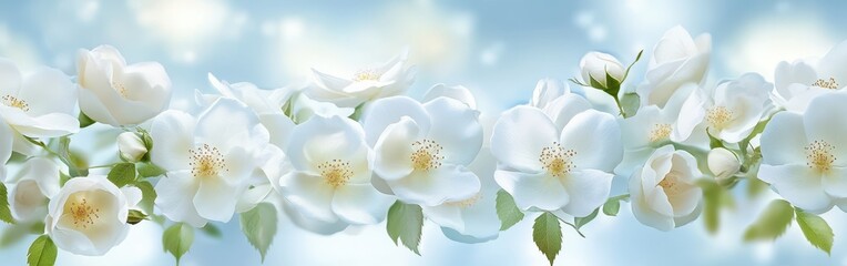 Obraz premium Delicate white blossoms on a branch against a soft blue background.