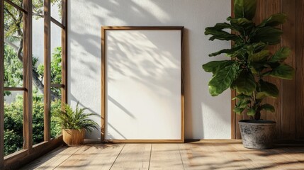 Mockup of an empty frame leaning against a white wall in a rustic wooden house- close up shot- natural light from the windows- greenery outside