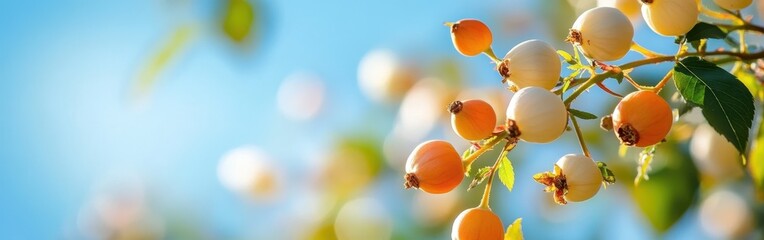 Fototapeta premium Close-up of ripe rose hips on a branch against a bright blue sky.