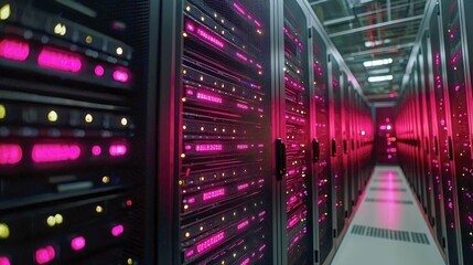 Naklejka premium Exploring the Digital Core: A Journey into the Heart of a Modern Data Center. High-tech servers and advanced technology illuminate the path to the future of computing.