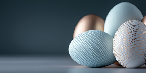 A collection of white and gold eggs are arranged on a table