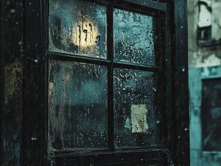 Rain-soaked window with water droplets creating a nostalgic atmosphere on a gloomy day. Generative AI