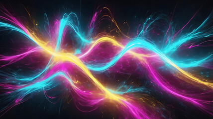 Obraz premium Colorful, glowing neon light trails in vivid hues of pink, yellow, and blue swirl dynamically, creating an energetic and eye-catching abstract design on a dark background.