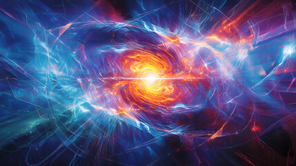 A nebula bursting with cosmic energy in deep blues, reds, and purples, set in space.