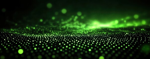 Abstract digital network background banner with glowing light and connecting data dots in black and green colors. Big data technology concept.