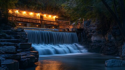 Illuminated waterfall cascading over rocks at night, near a rustic building.
