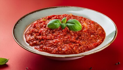 Italian traditional food bolognese sauce on red background