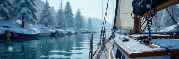 Snowflakes gently fall on a sailboat in the harbour, flake, snow, frozen