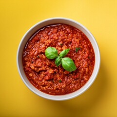 Italian traditional food bolognese sauce on yellow background