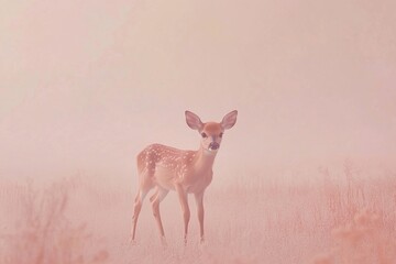 Fawn Stands in Misty Field, Graceful Creature in Soft Light, Peaceful Wildlife Scene, Serene Nature Image, Adorable Baby Deer, Wild Animal Beauty