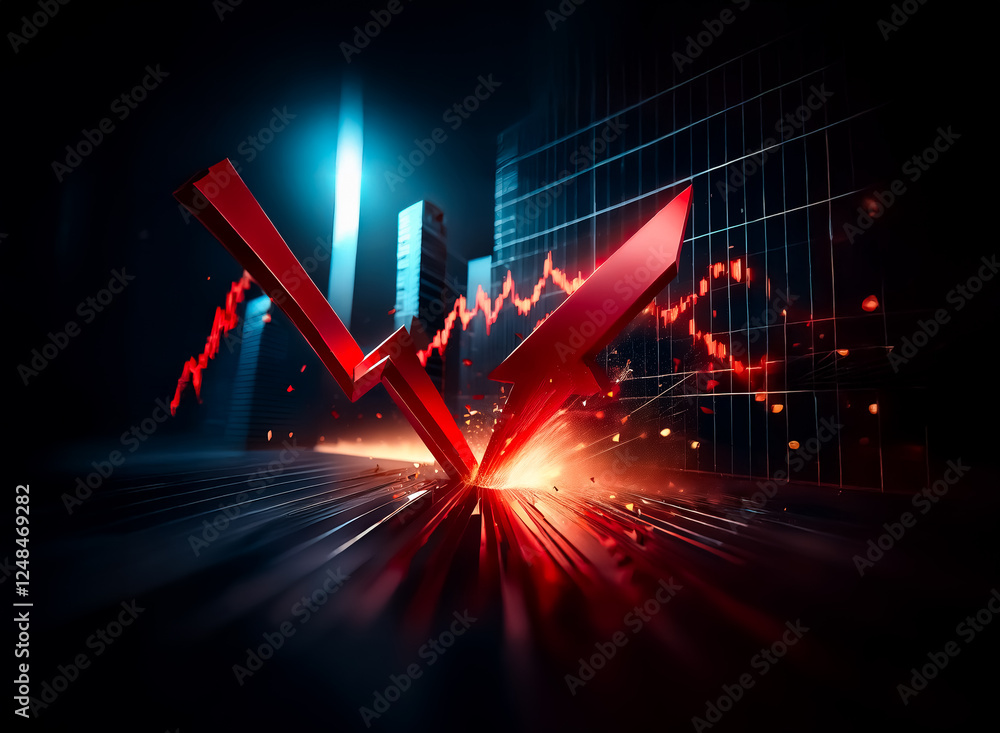 Poster a double exposure image shows a sharp red arrow pointing downwards, overlayed on a financial graph a
