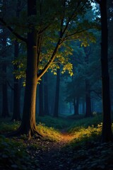 Naklejka premium Tree branches glowing softly in the forest night, nature, foliage