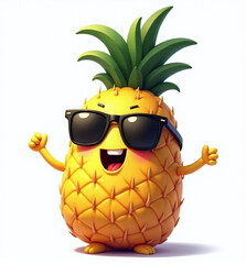 Cool Pineapple Character with Sunglasses, Fun 2D Kids Illustration on White Background

