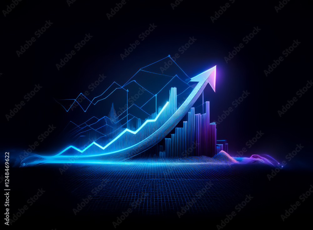 Poster double exposure image of a glowing graph with an upward arrow, representing growth and progress in a
