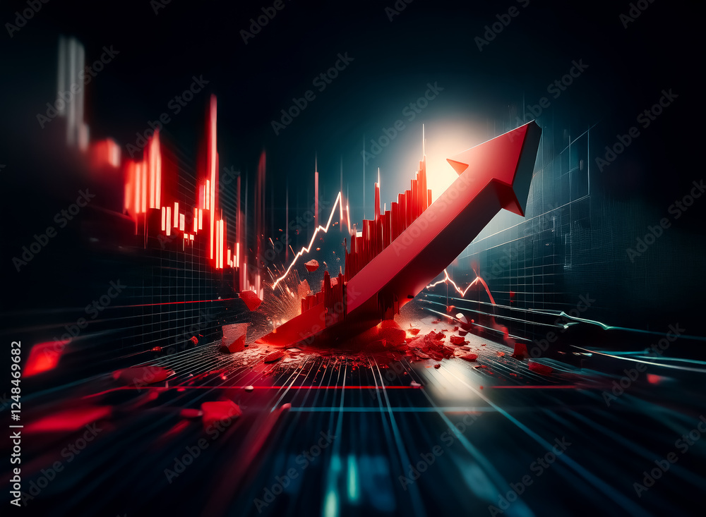 Poster a dynamic double exposure image showcasing a vibrant red arrow piercing through a fragmented citysca