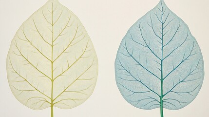 Obraz premium Two translucent leaves, one yellow-green, one blue-green, showcasing intricate vein patterns against a white background.