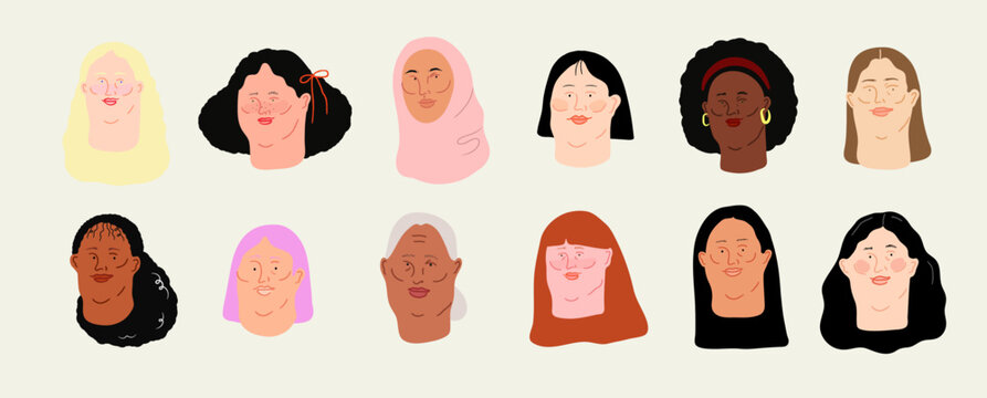 Set of Women Faces. Diversity. Women's Day Vector Flat Illustration