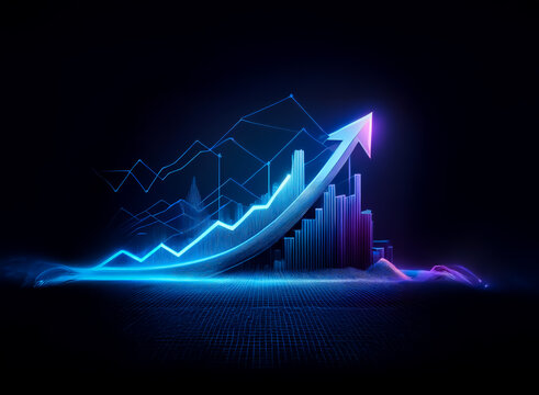 Double exposure image of a glowing graph with an upward arrow, representing growth and progress in a futuristic digital style. Neon blue and pink lines create a modern visual.