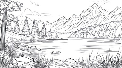 Serene mountain lake landscape sketch, ideal for nature publications